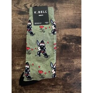 K. Bell Mens Ninja Floral Crew Socks Olive Green Novelty Shoe Size 6.5-12 NWT